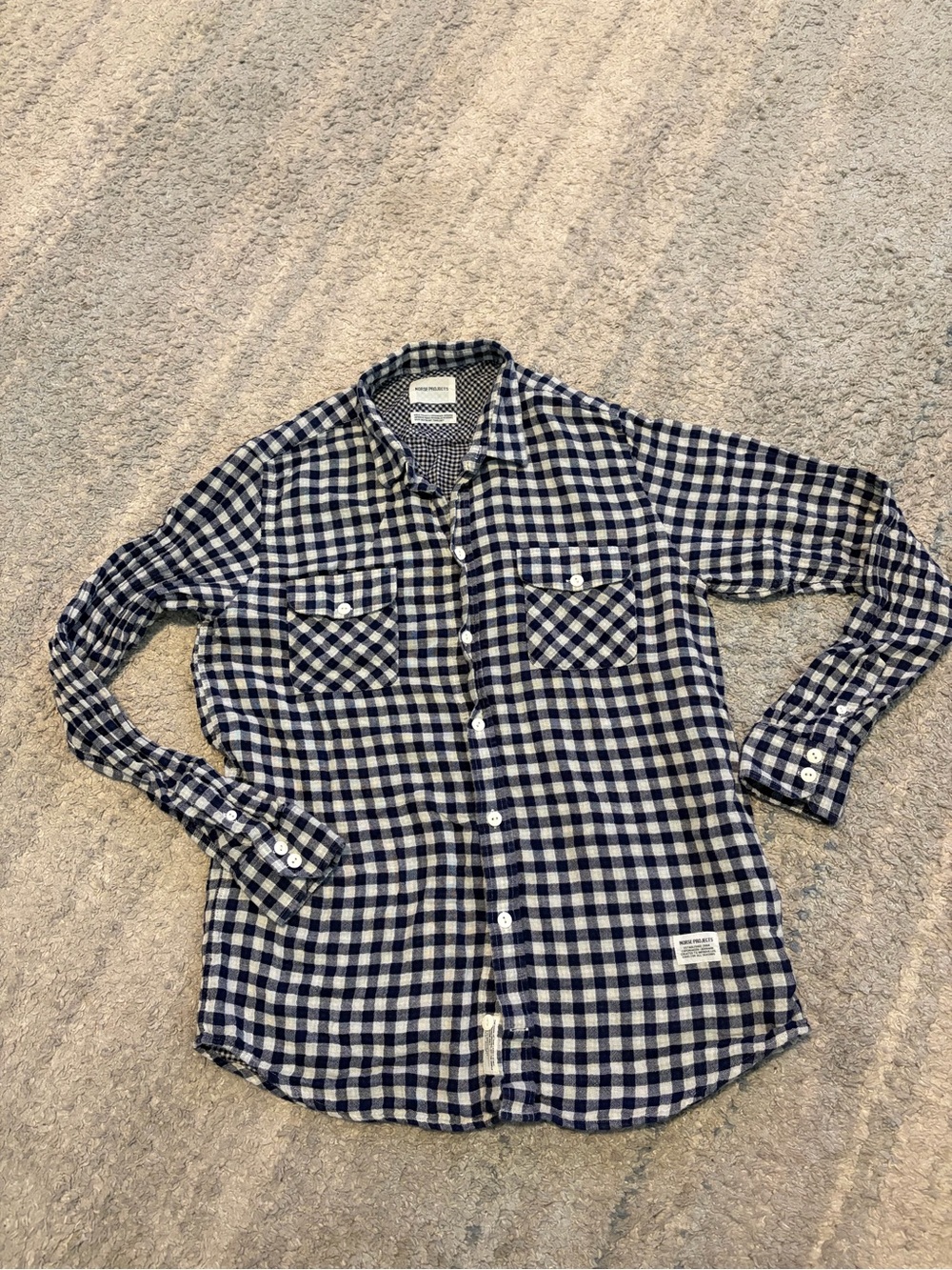 Norse Projects Villads Check Shirt Mens Medium Navy Blue Gingham Japanese Fabric